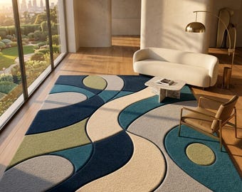 Hand Tufted Abstract Geometric Rug, Blue Beige Plush Carpet, Modern Living Room Decor