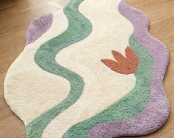 Hand Tufted Abstract Wool Rug, Irregular Shape Pastel Living Room Rug