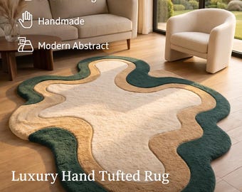 Hand Tufted Wool Rug – Organic Shape, Modern Abstract, Green Beige Carpet