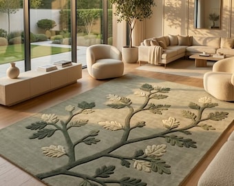 Hand Tufted Wool Botanical Rug, Sage Green Leaf Design, Modern Organic Carpet