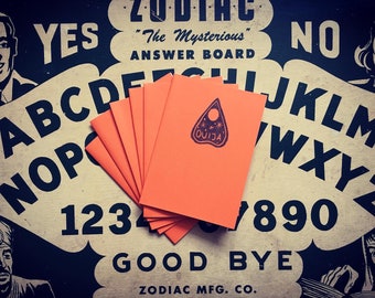 Hand-printed Ouija Board Planchette Halloween Cards, Orange – single, pack of 4, or pack of 6