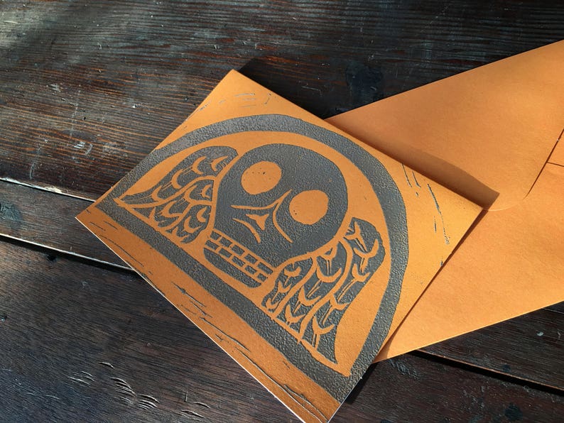 Hand-printed Halloween Greeting Card Embossed Silver New England Headstone Skull