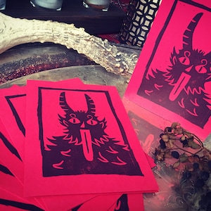 Hand-printed Red Krampus Christmas Card – single, pack of 4, or pack of 6