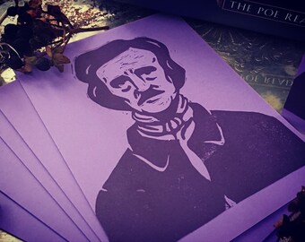 Hand-printed Edgar Allan Poe Cards – single, pack of 4, or pack of 6