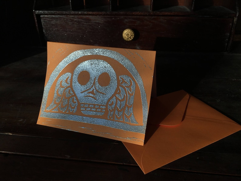 Hand-printed Halloween Greeting Card Embossed Silver New England Headstone Skull
