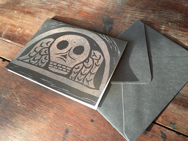 Hand-printed Halloween Greeting Card Embossed Silver New England Headstone Skull