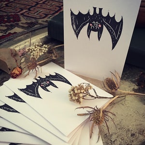 Hand-printed Hanging Bat Halloween Cards –single, pack of 4, or pack of 6