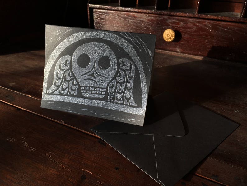 Hand-printed Halloween Greeting Card Embossed Silver New England Headstone Skull