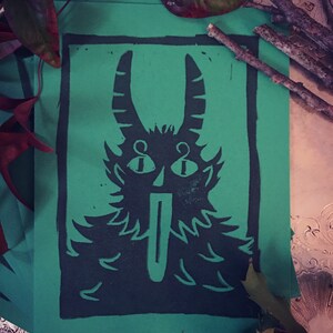 Hand-printed Green Krampus Christmas Card – single, pack of 4, or pack of 6