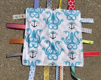 Octopus Tag Blanket with grey Minky // In Stock, READY TO SHIP