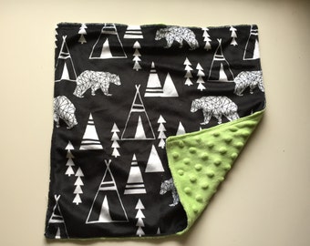 Bears and Teepees lovey with green Minky // In Stock, READY TO SHIP