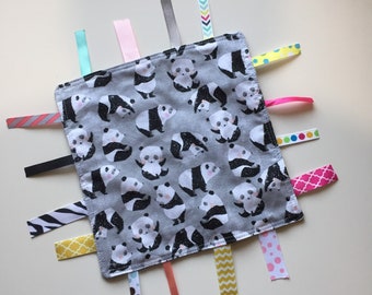 Pandas Tag Blanket with pink or grey  Minky // In Stock, READY TO SHIP