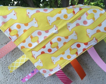 SALE Topsy Turvey Giraffes on yellow Tag Blanket with yellow minky color // In Stock, Ready to Ship