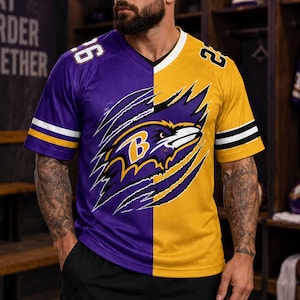 Purple and Gold Football Jersey, Half and Half Jersey, Split Color Game Day Jersey, Football Fan Jersey, V Neck Jersey