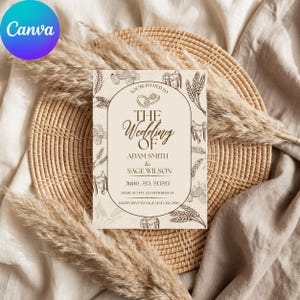 May include: A wedding invitation with a beige background, featuring the text "The Wedding of Adam Smith & Sage Wilson, June 20, 2020." The design includes illustrations of wheat, tractors, and horses. The Canva logo is in the upper left corner.