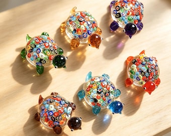Handblown Glass Turtle Figurine, Colorful Mini Glass Animal, Nautical Decor for Window Shelves, Pots & Fish Tanks, Cute Birthday Gift