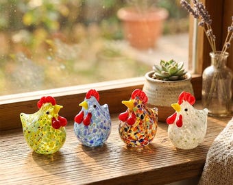 Handblown Glass Chicken Figurine, Colorful Glass Chicks, Mini Glass Animal Window Shelf Decor, Cute Farmhouse Gift for Grandma