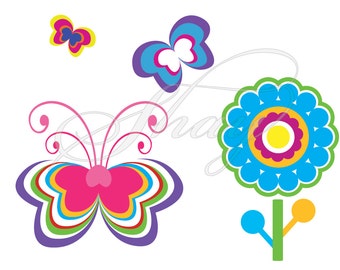 Retro Butterflies and Flower  -  SVG cut file for Silhouette and other cutting machines