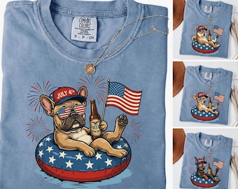 Patriotic Dogs Comfort Colors T-Shirts, Custom 4th of July Dog Tee, 50+ Dog Breeds, Custom Available, USA Flag, Fireworks, America 250th Tee