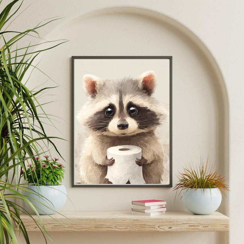 Funny Raccoon Bathroom Wall Art Print, Toilet Paper Animal Decor Poster ...