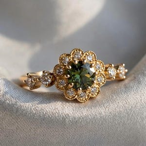 Olive Green Daisy Halo Ring | 18K Gold Filled Cluster Ring | Vintage French Style Gift