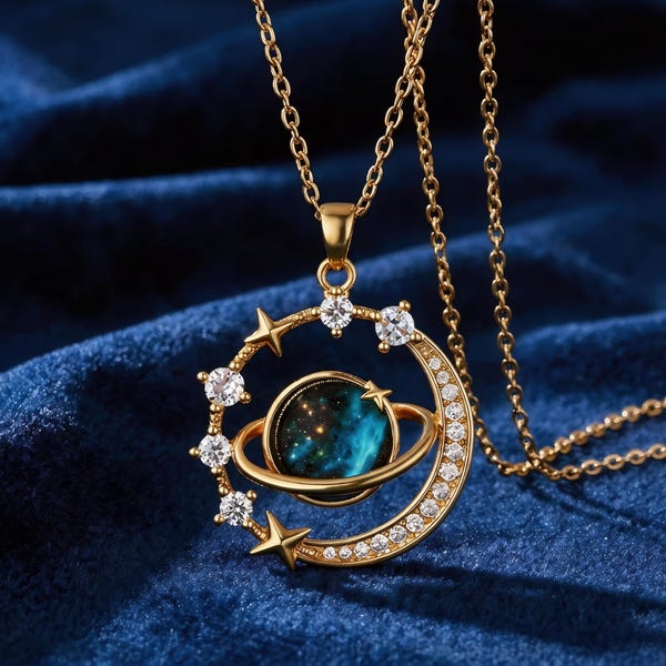 Galaxy Planet Necklace | 20K Gold Filled CZ Pendant | Celestial Star Charm