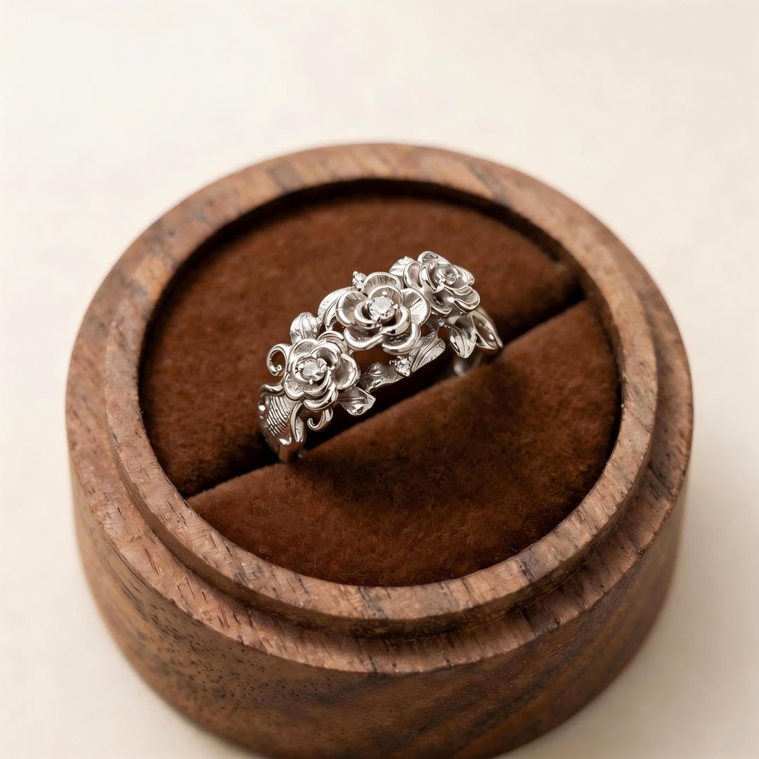 Metal Ring With Roses Brushed Silver Rose Ring | Adjustable Floral Ring | Antique-style ...