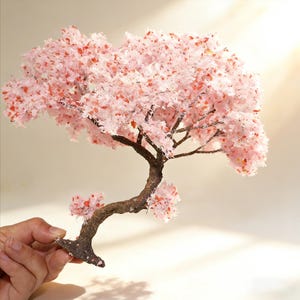 Puede incluir: Un cerezo en miniatura con un tronco y ramas marrones, y delicadas flores rosas y rojas. El árbol es sostenido por una mano, mostrando su pequeño tamaño y detalles intrincados. El tema general es la naturaleza y el arte en miniatura.