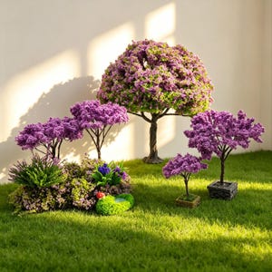 May include: A collection of miniature artificial trees with purple and green foliage, arranged on a bed of green grass. The trees are of varying sizes and shapes, some in square pots. A small, decorative garden scene.