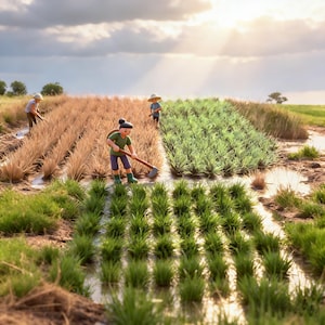 May include: A miniature diorama depicts farmers working in a rice paddy under a cloudy sky with sun rays. The scene shows three figures tending to crops, with sections of brown, green, and yellow plants. The water reflects the sunlight, creating a serene agricultural setting.