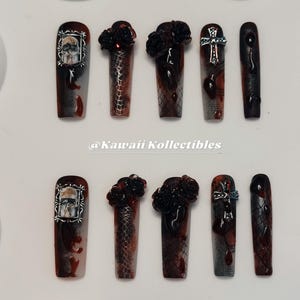 Handgjorda gotiska vampyr-pressnaglar, Dark Romance 3D Rose Alt Goth-set
