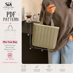 May include: A sage green mini tote bag with a boxed shape, measuring approximately 23 cm high, 18 cm wide, and 10 cm deep. The bag has a beige trim and handles. The image also includes text that says "PDF PATTERN" and "Mini Tote Bag".