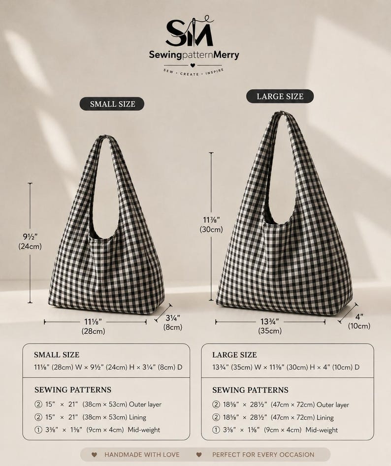 May include: Two black and white gingham hobo bags in small and large sizes. The small bag measures 11 1/8 inches wide by 9 1/2 inches high by 3 1/4 inches deep. The large bag measures 13 3/4 inches wide by 11 7/8 inches high by 4 inches deep.
