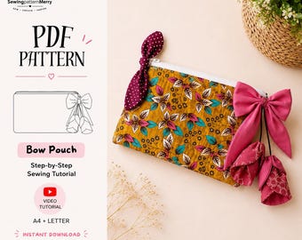 Flat Zipper Pouch PDF Sewing Pattern | Makeup Bag Pattern | Fabric Bow Sailor Bow Flower | Beginner | Instant Download