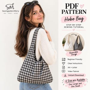 Può includere: Un cartamodello PDF per una borsa hobo reversibile con tessuto a quadretti vichy bianco e nero su un lato e tessuto bianco tinta unita sull'altro. Il documento digitale include istruzioni passo dopo passo, un video tutorial e due taglie.