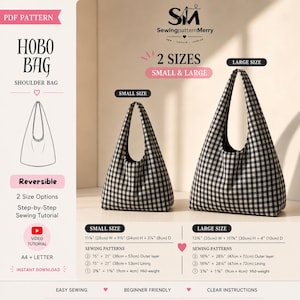 Pode incluir: Um molde de costura em PDF para uma bolsa hobo reversível em dois tamanhos, pequeno e grande. A imagem mostra duas bolsas de xadrez preto e branco, com texto detalhando as dimensões em centímetros, instruções de costura e links para tutoriais.
