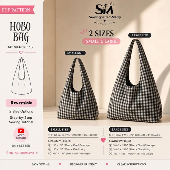 Slouchy Hobo Bag PDF Sewing Pattern | Reversible Tote, Beginner Friendly (Instant Download)