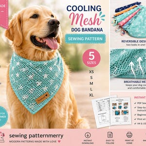 May include: A golden retriever wearing a turquoise cooling mesh dog bandana with white star patterns. The bandana is part of a sewing pattern, with a reversible design and available in five sizes. The pattern includes step-by-step instructions and is beginner-friendly.
