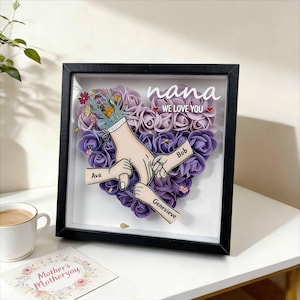 Personalized Heart Rose Shadow Box, Kids Names Hand Holding Frame, Mother's Day Gift