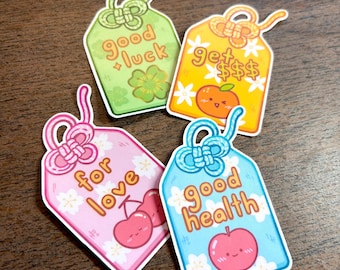 Omamori Charm Stickers | Good Luck, Health, Love, Money | Durable Waterproof Vinyl Stickers