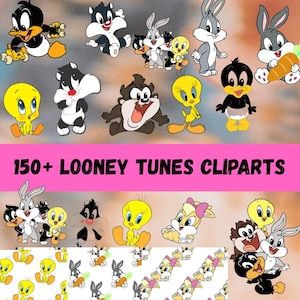 May include: A digital collection of Looney Tunes character clipart featuring baby versions of Bugs Bunny, Tweety Bird, Sylvester, Daffy Duck, Taz, and Lola Bunny. The image includes the text 150+ LOONEY TUNES CLIPARTS on a bright pink horizontal banner.