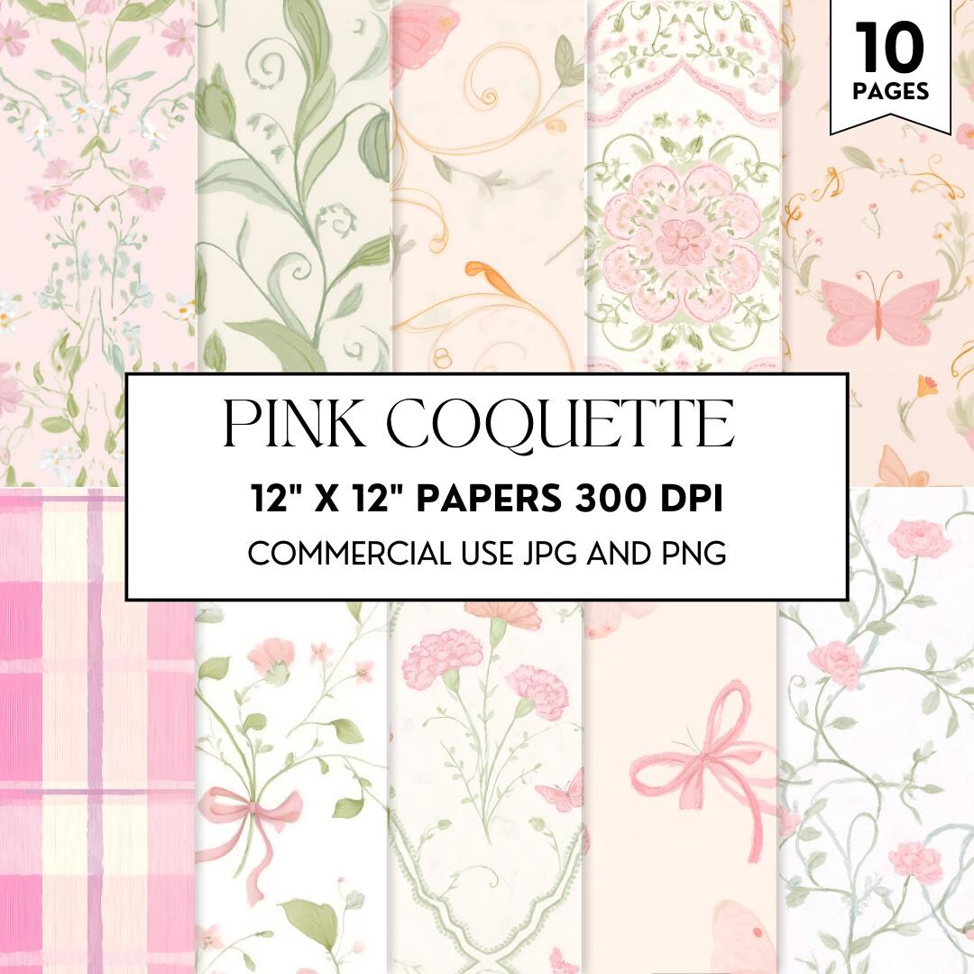 Pink Coquette Seamless Patterns: Bows, Floral, Toile, Preppy Digital ...