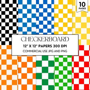 May include: A collection of ten 12" x 12" checkerboard papers in various colors, including black, blue, yellow, orange, green, and red. The papers are 300 DPI and available in JPG and PNG formats. The word "CHECKERBOARD" is displayed in the center.