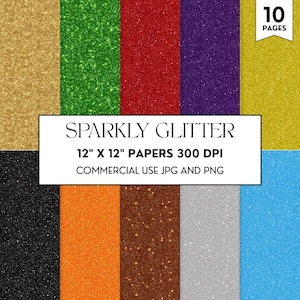 Puede incluir: Una colección de diez hojas de papel brillante con purpurina en varios colores, incluyendo dorado, verde, rojo, morado, negro, naranja, marrón, plateado y azul. Los papeles miden 30,48 cm x 30,48 cm y 300 DPI. Se muestra el texto "SPARKLY GLITTER".