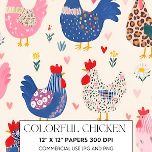 May include: A repeating pattern of colorful chickens in various designs, including pink, blue, and leopard print, with red combs and yellow feet. The background is a cream color with small pink hearts and floral accents. The text "COLORFUL CHICKEN" is displayed.