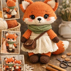 Op de afbeelding: Een haakpatroon voor een vossenpop. De vos is oranje en wit, draagt een groene sjaal en een witte jurk met een bruine handtas. De afbeelding bevat de tekst "CROCHET PATTERN", "PDF PATTERN" en "STEP BY STEP".