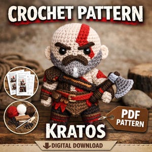 May include: A crochet pattern for a Kratos doll, featuring the text "CROCHET PATTERN" and "KRATOS". The doll is holding an axe and has a red stripe on its head. The image includes yarn, crochet hooks, and a "PDF PATTERN" tag.