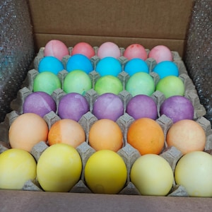 May include: A cardboard egg carton filled with 24 colorful, round objects. The objects are in shades of pink, blue, green, purple, orange, and yellow. The carton is inside a larger brown box.