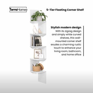 May include: A white, 5-tier floating corner shelf with a zigzag design. The shelves are curved and hold decorative items like plants, books, and artwork. The text reads "Stylish modern design".