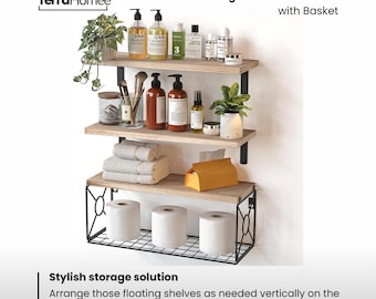 Floating Bathroom Shelves with Storage Basket, Natural Wood (Set of 3)